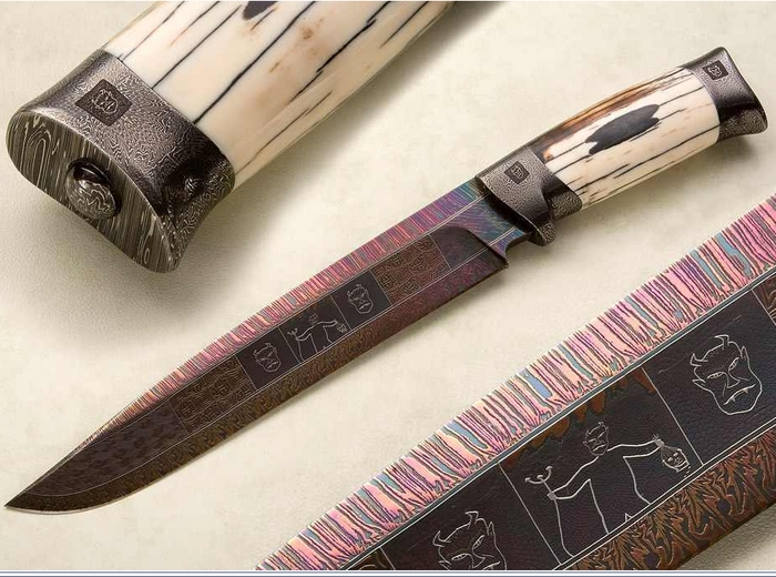 Custom Fixed Blade, N/A, Damascus Steel by Maker, Fossilized Walrus Ivory Knife made by Connie Person