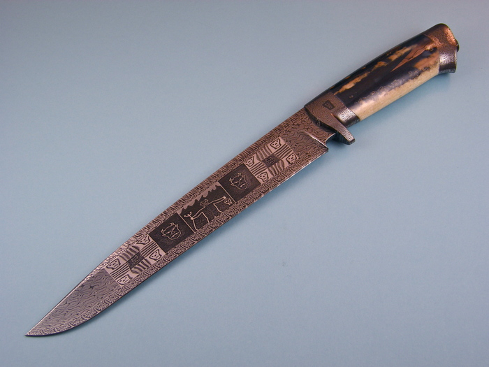 Custom Fixed Blade, N/A, Mosaic Damascus Steel by Maker, Fossilized Walrus Ivory Knife made by Connie Person