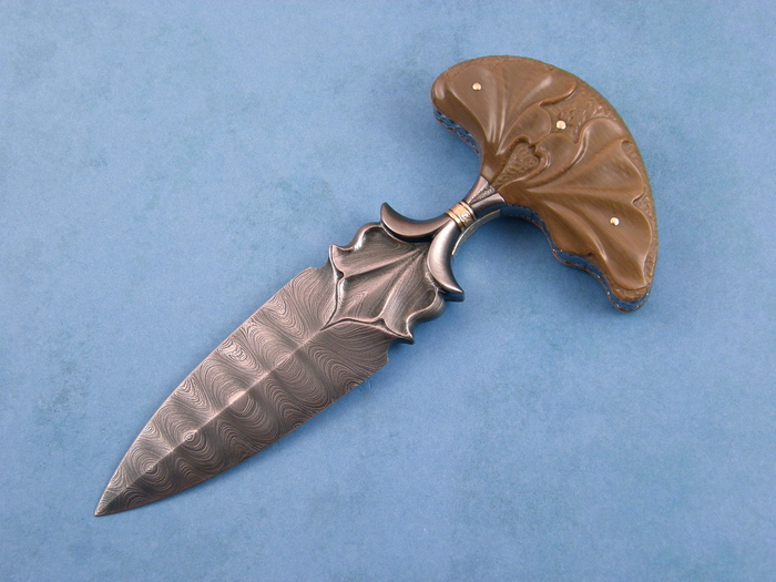 Custom Fixed Blade, N/A, Ladder Pattern Damascus by Maker, Carved Fossilized Mammoth Knife made by Larry Fuegen