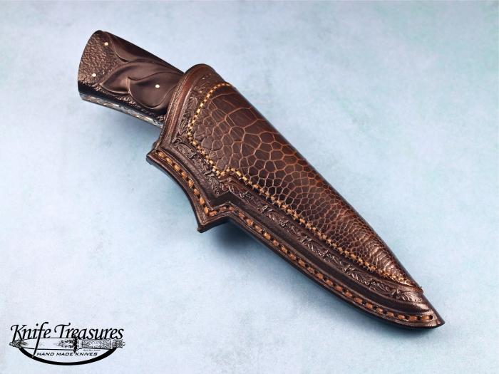 Custom Fixed Blade, N/A, Damascus Steel by Maker, Carved Ebony Wood Knife made by Larry Fuegen