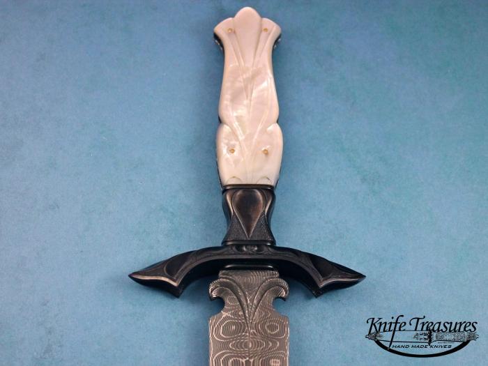 Custom Fixed Blade, N/A, Devin Thomas Ladder Pattern Damascus, Carved Mother Of Pearl W/Gold Pins Knife made by Larry Fuegen