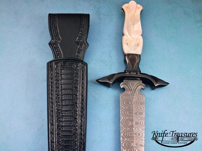 Custom Fixed Blade, N/A, Devin Thomas Ladder Pattern Damascus, Carved Mother Of Pearl W/Gold Pins Knife made by Larry Fuegen