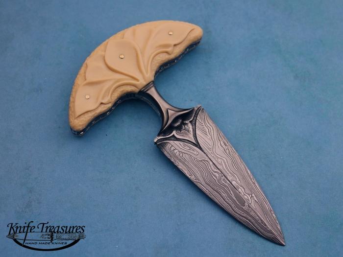 Custom Fixed Blade, N/A, Carved Damascus by Maker, Carved Fossilized Mammoth Knife made by Larry Fuegen