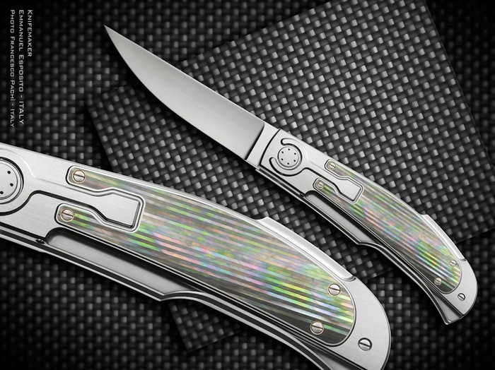 Custom Folding-Inter-Frame, Lock Back, RWL-34 Steel, Mosaic Black Lip Pearl Knife made by Emmanuel Esposito