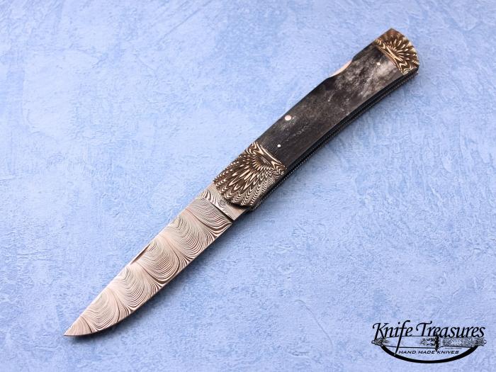 Custom Folding-Bolster, Lock Back, Damascus Steel, Blue-Grey Fossilized Mammoth Knife made by Ken Steigerwalt