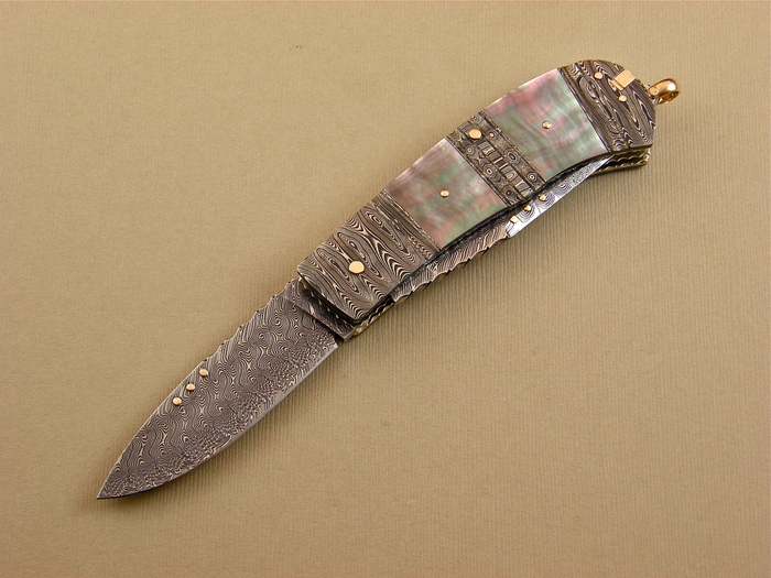 Custom Folding-Bolster, Lock Back, Damascus Steel by Maker, Black Lip Pearl Knife made by Kaj Embretsen