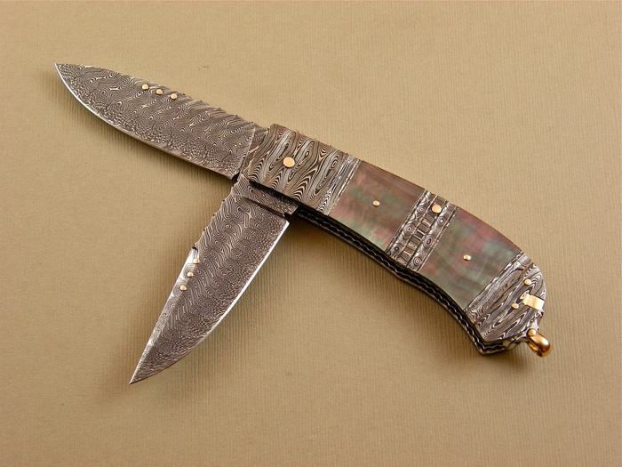 Custom Folding-Bolster, Lock Back, Damascus Steel by Maker, Black Lip Pearl Knife made by Kaj Embretsen