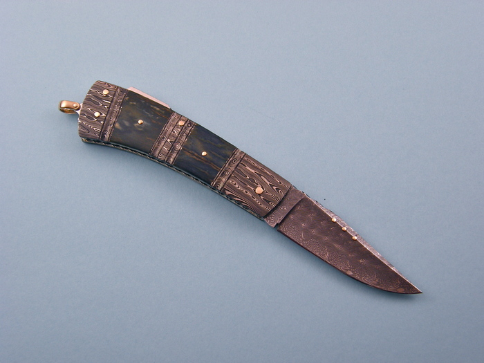 Custom Folding-Bolster, Lock Back, Damascus Steel by Maker, Fossilized Mammoth Knife made by Kaj Embretsen