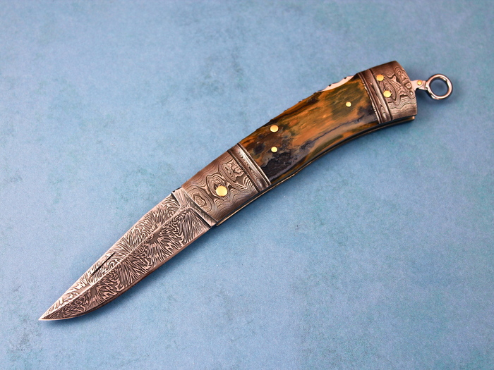 Custom Folding-Bolster, Lock Back, Damascus Steel by Maker, Fossilized Mammoth Knife made by Kaj Embretsen