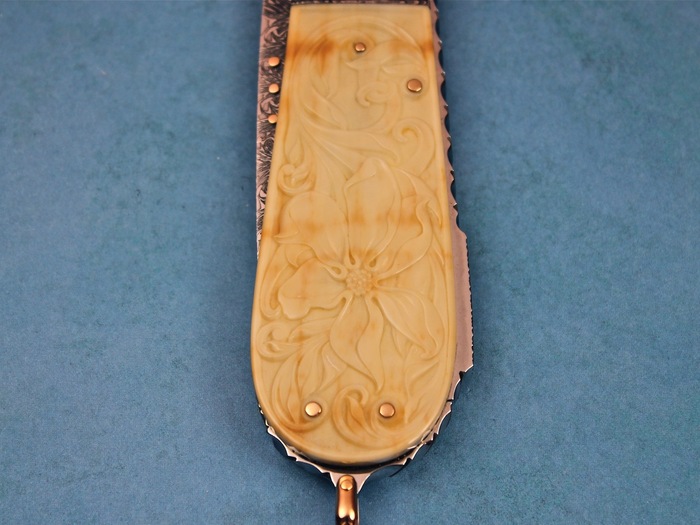 Custom Folding-Bolster, Lock Back, Damascus Steel by Maker, Carved Fossilized Walrus Ivory Knife made by Kaj Embretsen