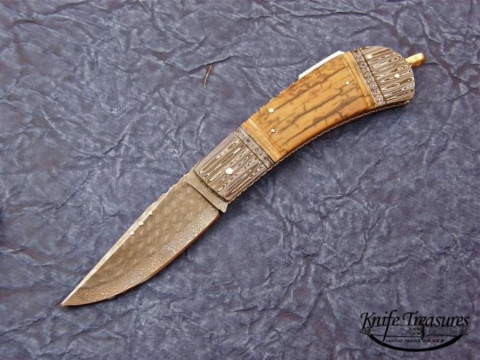 Custom Folding-Bolster, Lock Back, Damascus Steel by Maker, Mammoth Ivory Knife made by Kaj Embretsen