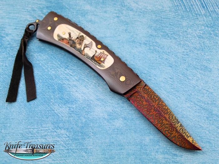 Custom Fixed Blade, N/A, Blued/Colored Damascus by Maker, Fossilized Mammoth Knife made by Kaj Embretsen