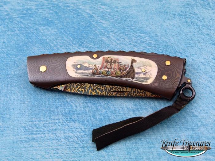 Custom Fixed Blade, N/A, Blued/Colored Damascus by Maker, Fossilized Mammoth Knife made by Kaj Embretsen