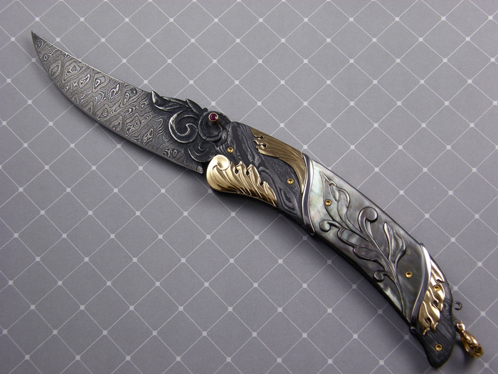 Custom Folding-Bolster, Liner Lock, Damascus Steel, Carved Black Lip Pearl Knife made by Don Vogt