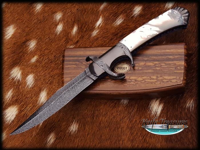Custom Folding-Bolster, Top Liner Lock, Damascus Steel, Mother Of Pearl Knife made by Javier Vogt