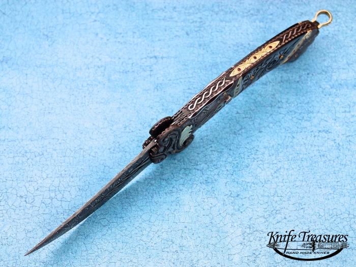 Custom Folding-Inter-Frame, Liner Lock, Engraved Damascus, Carved Black Lip Pearl & Gold    MOP Knife made by Don Vogt