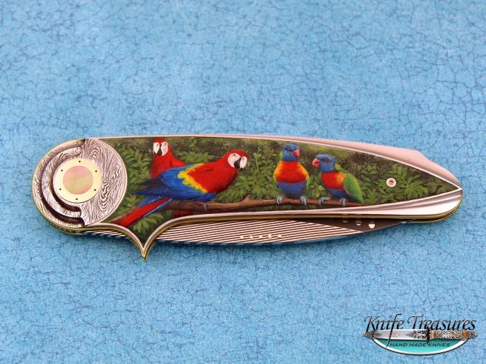 Custom Folding-Inter-Frame, Liner Lock, Damascus Steel by Maker, Carved and Color Engraved Knife made by Owen  Wood