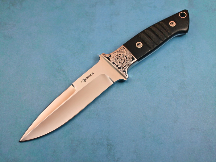 Custom Fixed Blade, N/A, ATS-34 Stainless Steel, Notched Black Micarta Knife made by Steve SR Johnson