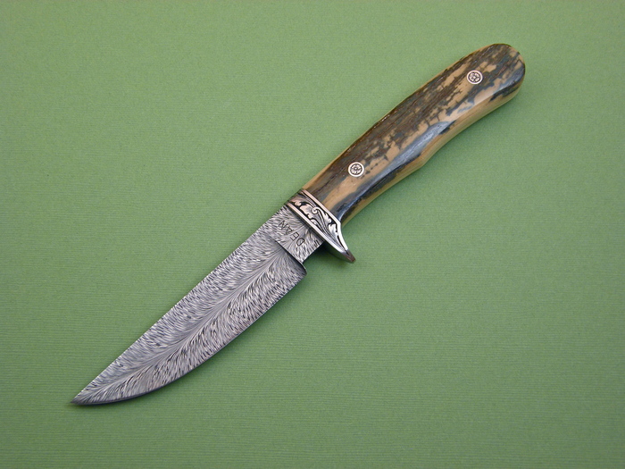 Custom Fixed Blade, N/A, Feather Pattern Damascus, Fossilized Mammoth Knife made by Harvey Dean