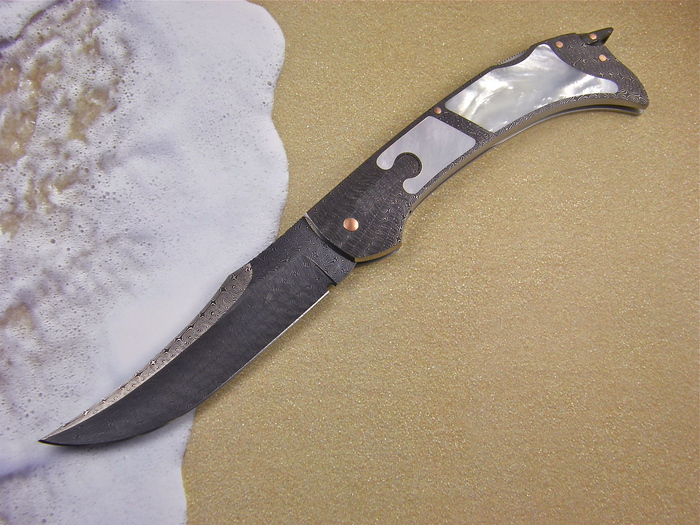 Custom Folding-Inter-Frame, Lock Back, Jerry Rados Turkish Damascus, Mother Of Pearl Knife made by Warren Osborne