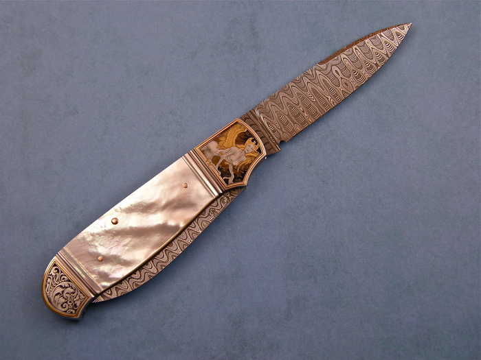 Custom Folding-Bolster, Slip Joint, Damascus Steel, Mother Of Pearl Knife made by Warren Osborne