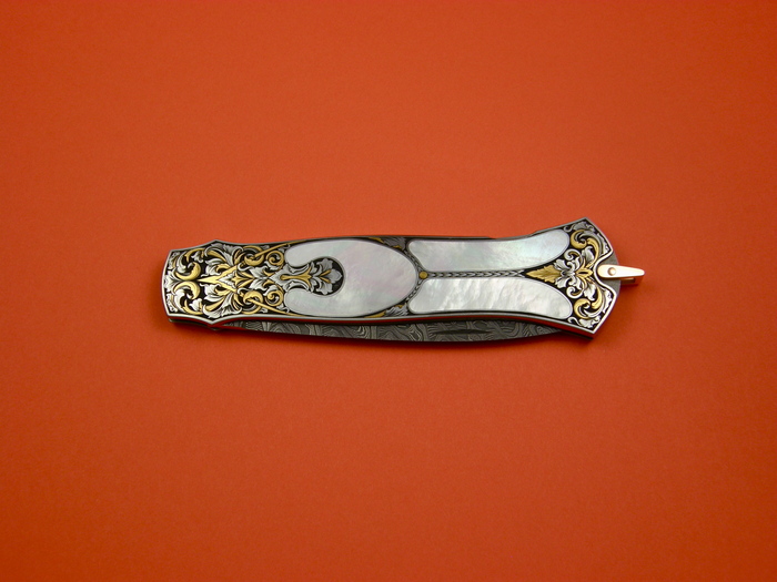 Custom Folding-Inter-Frame, Lock Back, Damascus Steel, Mother Of Pearl Knife made by Warren Osborne