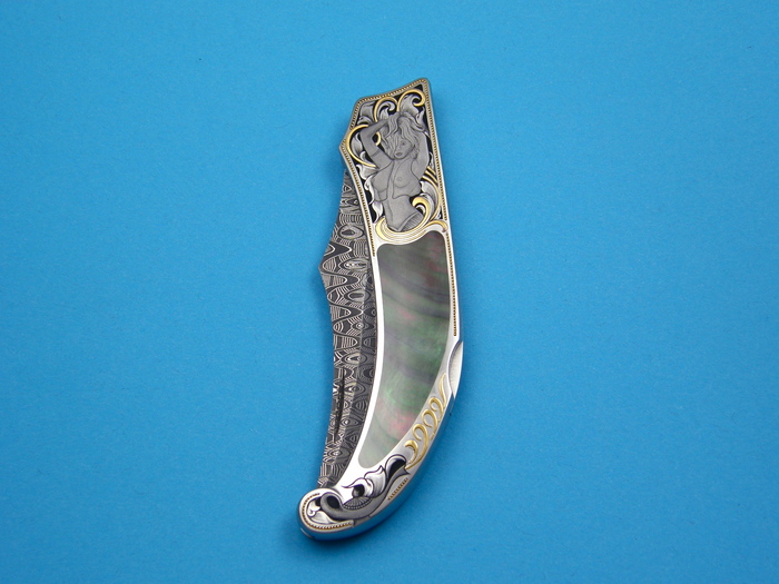Custom Folding-Inter-Frame, Lock Back, Damascus Steel, Black Lip Pearl Knife made by Warren Osborne