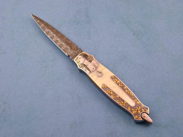 Custom Folding-Bolster, Lock Back, Mike Norris Ladder Pattern Damascus Steel, Gold Lip Pearl Knife made by Warren Osborne
