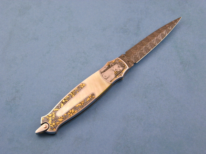 Custom Folding-Bolster, Lock Back, Mike Norris Ladder Pattern Damascus Steel, Gold Lip Pearl Knife made by Warren Osborne