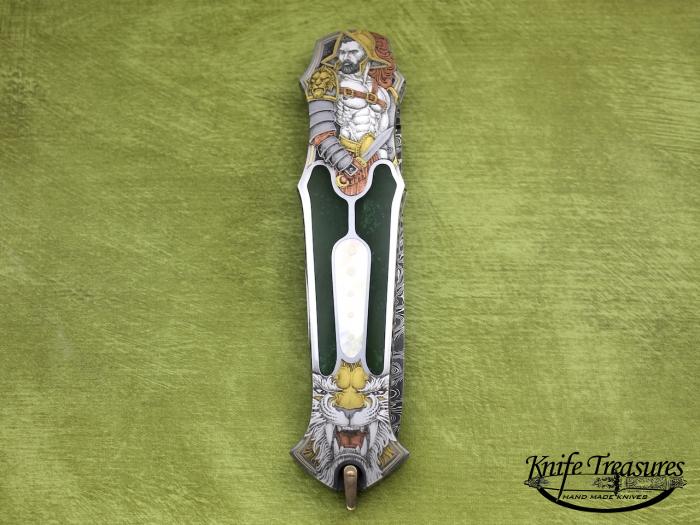 Custom Folding-Inter-Frame, Lock Back, Spider Pattern Damascus, Tuxedo Green Jade, MOP & Gold Knife made by Warren Osborne