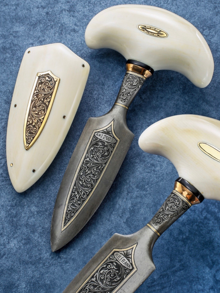 Custom Fixed Blade, N/A, 07 Tool Steel, Fossilized Mammoth w/Gold Escutcheon Knife made by HH Frank