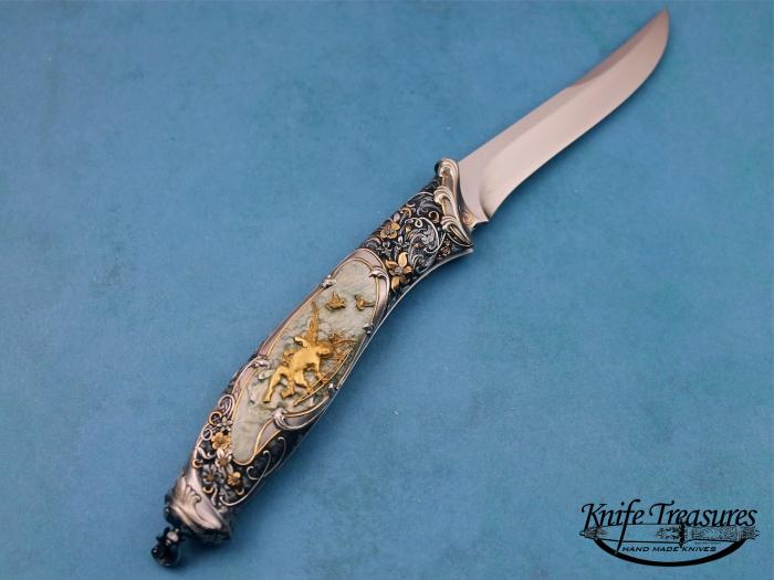 Custom Folding-Inter-Frame, Bale Pull, RWL-34 Steel, Gold, Silver and Bronze Knife made by Alex Gev