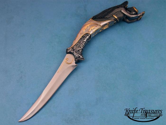 Custom Fixed Blade, N/A, RWL-34 Steel, D2 Steel & Gold Knife made by Alex Gev