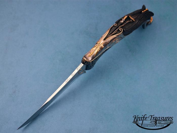 Custom Fixed Blade, N/A, RWL-34 Steel, D2 Steel & Gold Knife made by Alex Gev